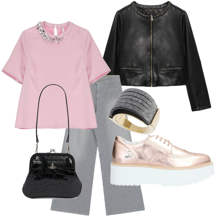 Outfit donna - L\'anello sostenibile. Stile Casual per Serata fuori. Abbinamento con scarpe stringate, jeans a zampa, t-shirt, pochette, anelli, blazer.