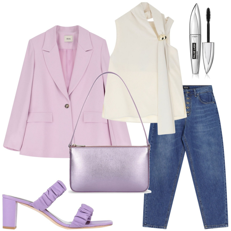 Outfit donna - Lady in viola. Stile Casual per Serata fuori. Abbinamento con sandali in pelle, mascara, top, jeans, blazer, borse a spalla.