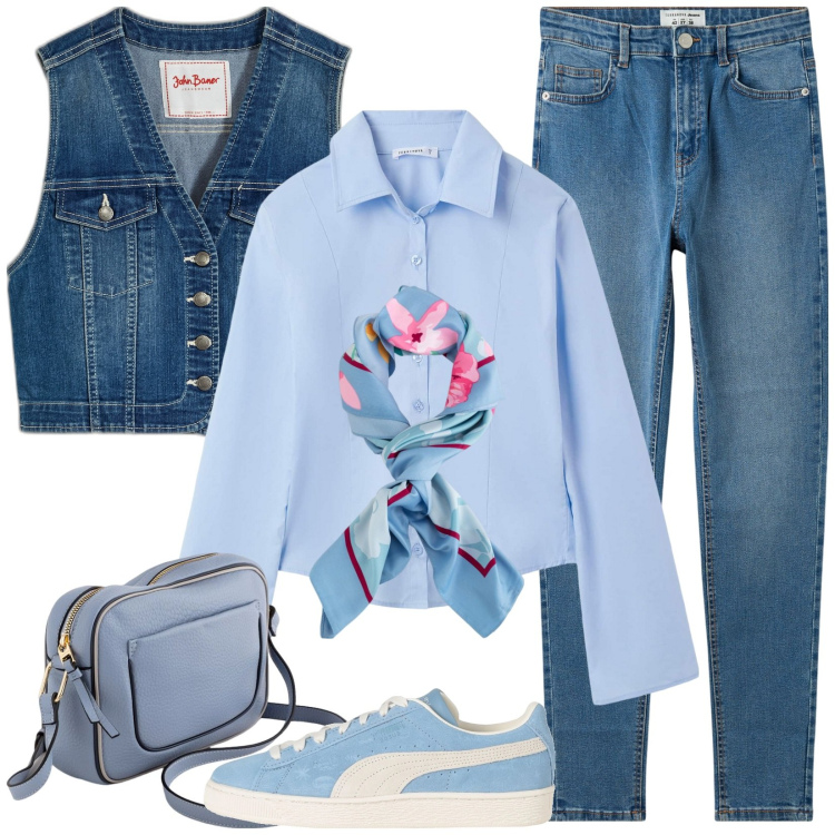 Outfit donna - Camicia e foulard. Stile Casual per Tutti i giorni. Abbinamento con gilet, sneakers, jeans skinny, camicie, foulard, borse a tracolla.