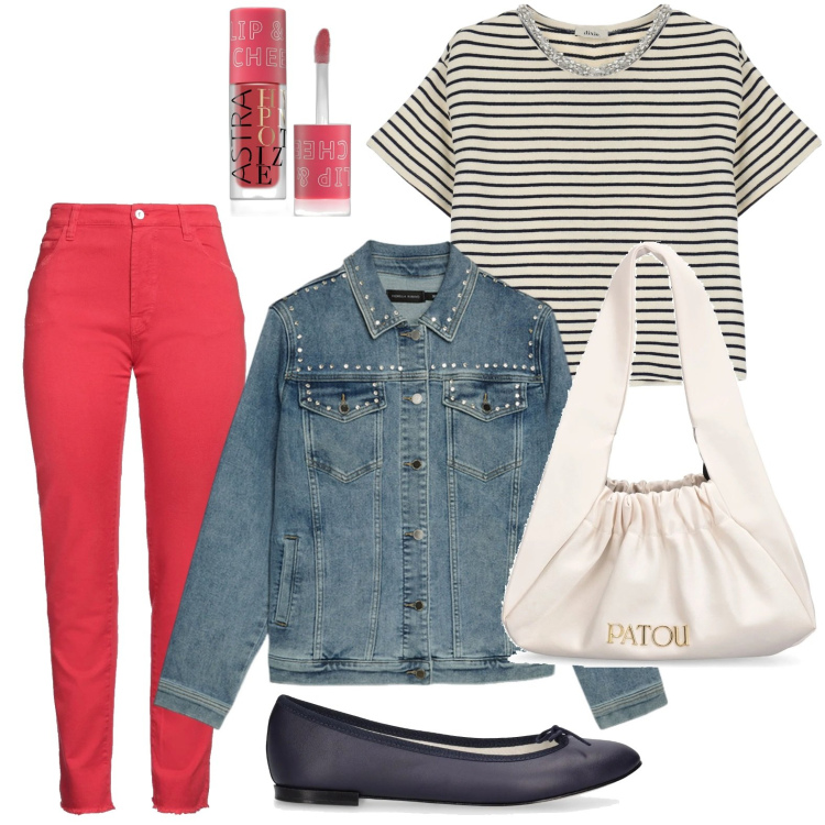 Outfit donna - Denim con punti luce. Stile Glamour per Tutti i giorni. Abbinamento con pantaloni, blush, t-shirt, blazer, borse a spalla, ballerine.