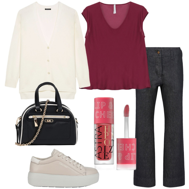 Outfit donna - Il Blush liquido. Stile Casual per Tutti i giorni. Abbinamento con borse a mano, sneakers, blush, top, pantaloni, cardigans.