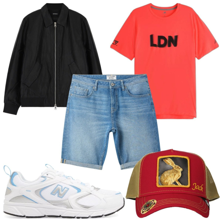 Outfit uomo - Total look #2084019. Stile Trendy per Tutti i giorni. Abbinamento con giacche, bermuda, sneakers, t-shirt, cappelli con visiera.