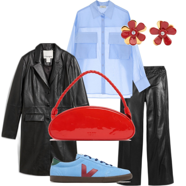 Outfit donna - La mini borsa lucida. Stile Glamour per Serata fuori. Abbinamento con pantaloni, cappotti, camicie, sneakers, borse a spalla, orecchini.