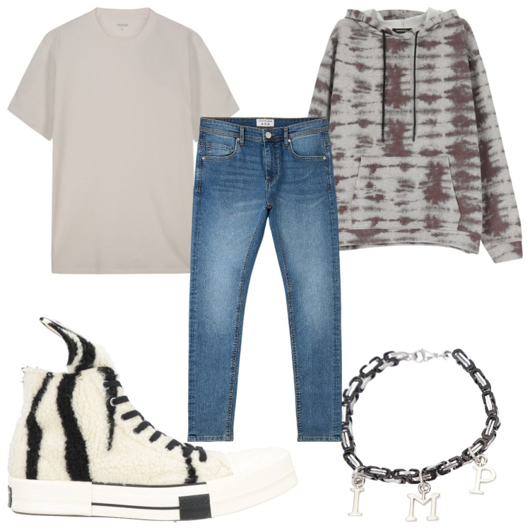 Outfit uomo - Total look #2084021. Stile Urban per Tutti i giorni. Abbinamento con sneakers alte, jeans skinny, felpe con cappuccio, braccialetti, t-shirt.