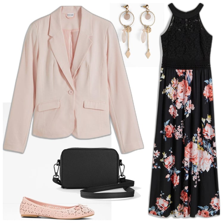 Outfit donna - Serata di primavera. Abbinamento con vestiti lunghi, blazer, borse a tracolla, ballerine, orecchini.