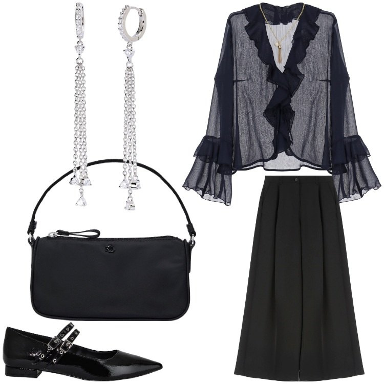 Outfit donna - Trasparenze. Stile Casual chic per Serata fuori. Abbinamento con orecchini, pantaloni a palazzo, bluse, ballerine, pochette.