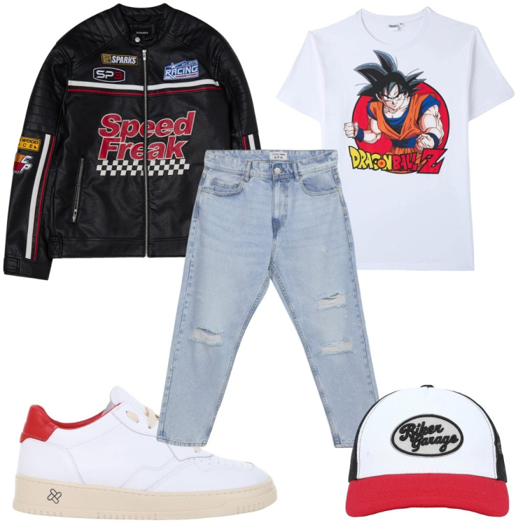 Outfit uomo - Total look #2084027. Stile Trendy per Tutti i giorni. Abbinamento con cappelli con visiera, jeans strappati, t-shirt, giacche, sneakers.