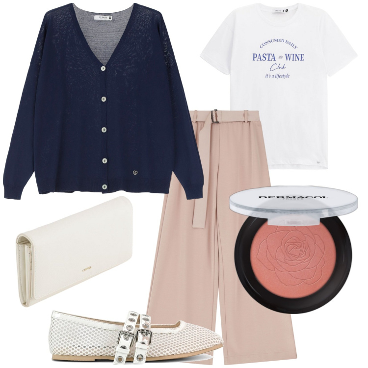 Outfit donna - Kiss pasta and wine. Stile Casual per Tutti i giorni. Abbinamento con blush, cardigans, t-shirt, pantaloni, ballerine, portafogli.