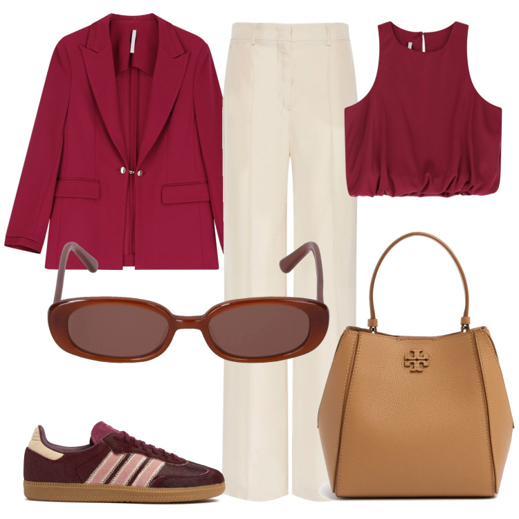 Outfit donna - Blazer Magenta. Stile Casual chic per Ufficio. Abbinamento con blazer, top, occhiali da sole, borse a mano, sneakers, pantaloni.