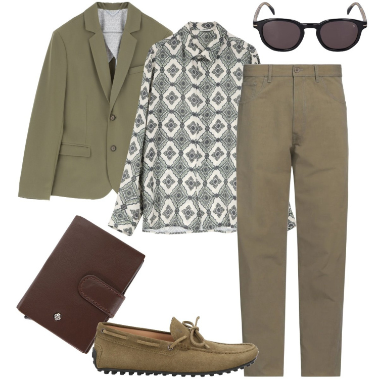 Outfit uomo - Nel segno del verde. Stile Trendy per Tutti i giorni. Abbinamento con pantaloni, scarpe stringate, camicie, giacche, portafogli, occhiali da sole.