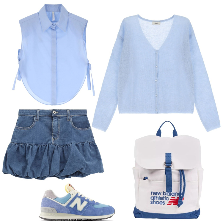 Outfit donna - Azzurro come il cielo di primavera. Stile Casual per Scuola/Università. Abbinamento con sneakers, zaini, minigonne, camicie, cardigans.