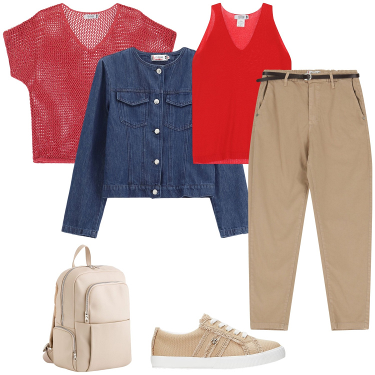 Outfit donna - Passeggiata per Saint Tropez. Stile Casual per Mare. Abbinamento con maglieria, top, pantaloni chino, blazer, sneakers, zaini.