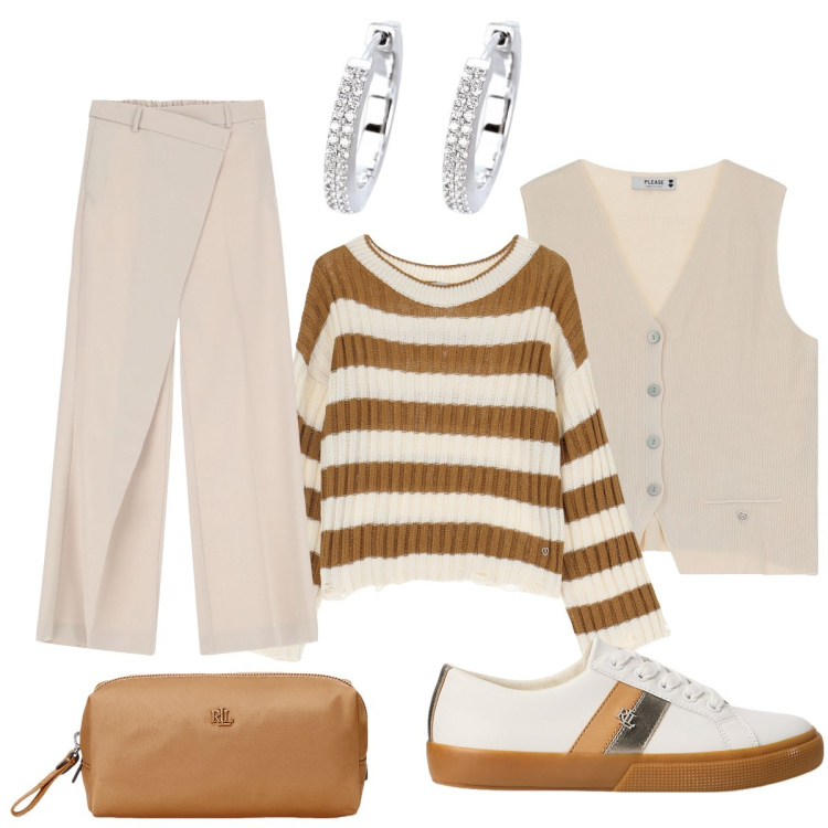 Outfit donna - A Saint Tropez…. Stile Casual chic per Mare. Abbinamento con orecchini, pantaloni, maglieria, gilet, sneakers, pochette.