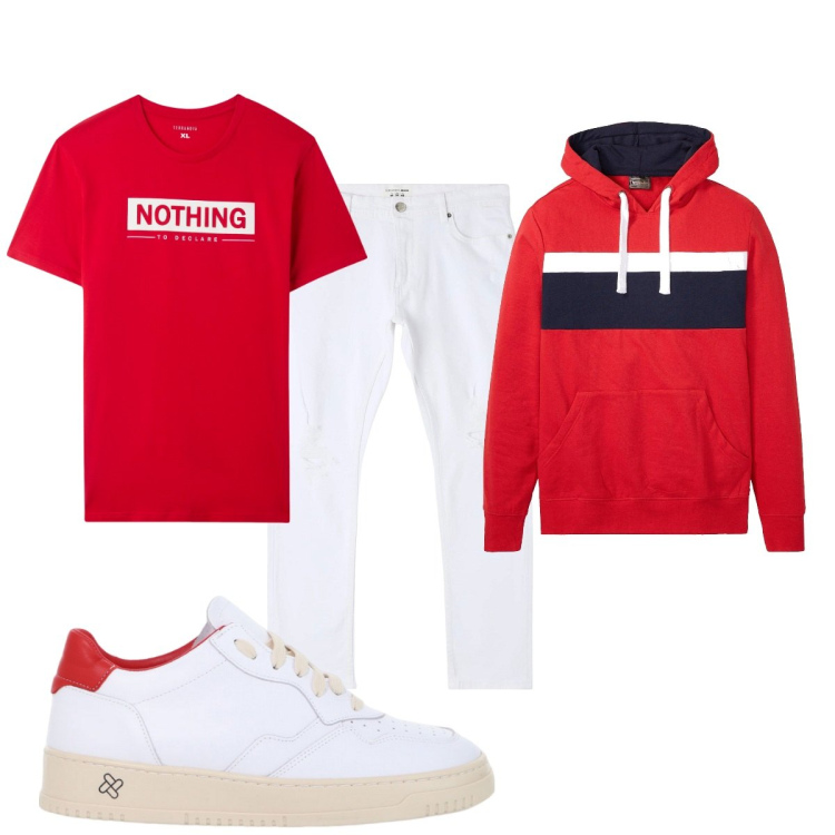 Outfit uomo - Total look #2084064. Stile Casual per Tutti i giorni. Abbinamento con felpe con cappuccio, jeans strappati, t-shirt, sneakers.