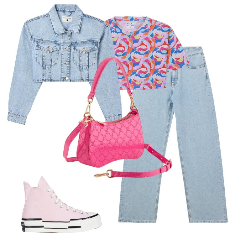 Outfit donna - City. Stile Casual per Tutti i giorni. Abbinamento con sneakers alte, t-shirt, blazer, jeans, borse a tracolla.