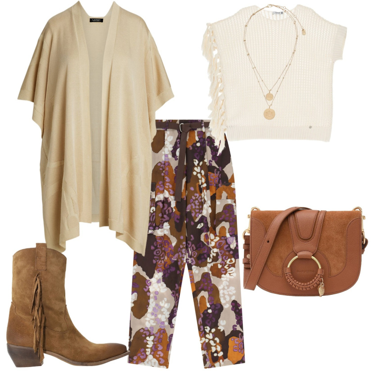 Outfit donna - Nuovo boho. Stile Boho per Tutti i giorni. Abbinamento con borse a tracolla, maglieria, pantaloni, stivali, ciondoli, cappe.