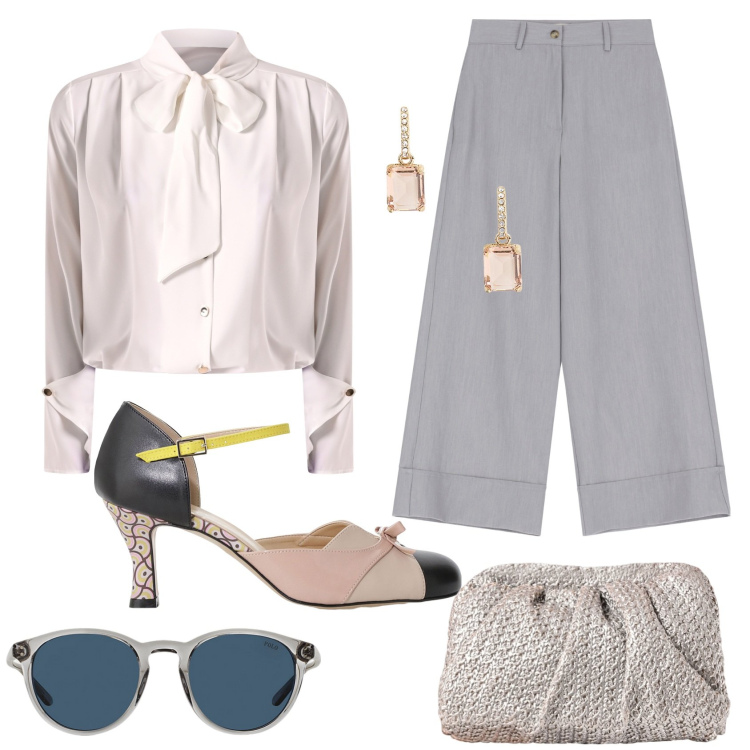 Outfit donna - Accessori estrosi. Stile Casual chic per Tutti i giorni. Abbinamento con pantaloni a palazzo, décolleté, bluse, clutch, occhiali da sole, orecchini.