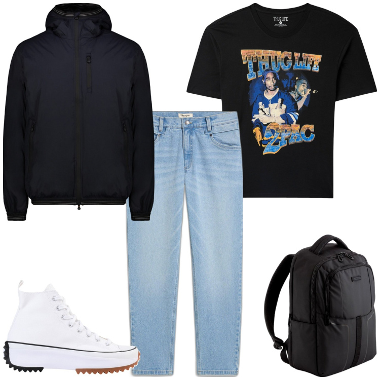 Outfit uomo - Teens. Stile Casual per Tutti i giorni. Abbinamento con jeans, sneakers, t-shirt, giacche, borse sportive.
