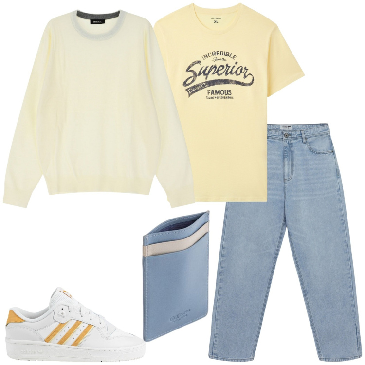 Outfit uomo - Total look #2084087. Stile Casual per Tutti i giorni. Abbinamento con sneakers, t-shirt, jeans, maglieria, portafogli.