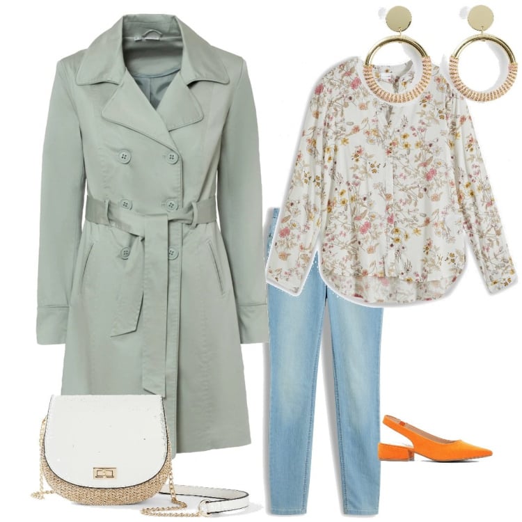 Outfit donna - Camicia a fiori. Stile Casual chic per Tutti i giorni. Abbinamento con camicie, trench, jeggings, décolleté, borse a tracolla, orecchini.