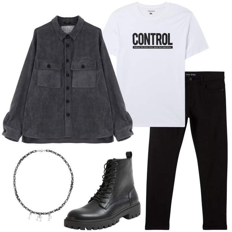 Outfit uomo - Al pub. Stile Casual per Tutti i giorni. Abbinamento con t-shirt, anfibi, pantaloni skinny, camicie, collane.