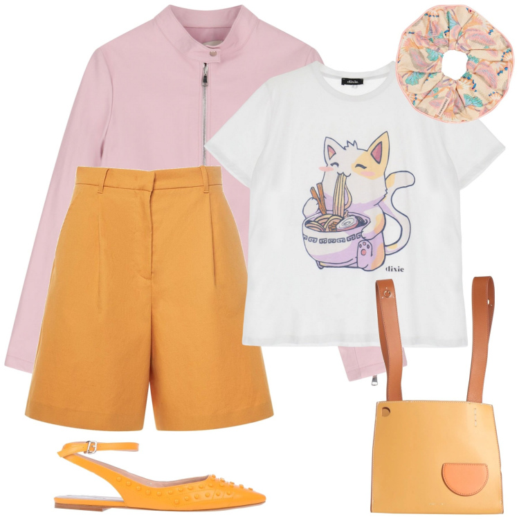 Outfit donna - Kawaii. Stile Casual per Tutti i giorni. Abbinamento con ballerine, borse a spalla, giacche, t-shirt, shorts, accessori per capelli.