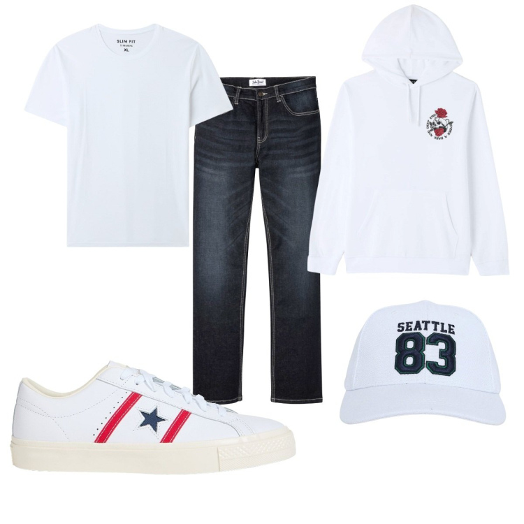 Outfit uomo - Total look #2084097. Stile Casual per Tutti i giorni. Abbinamento con jeans bootcut, sneakers, felpe con cappuccio, cappelli, t-shirt.