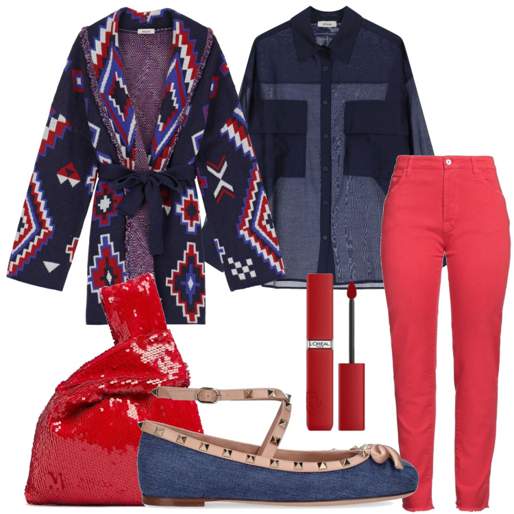 Outfit donna - Cardigan con disegni geometrici. Stile Etnico per Tutti i giorni. Abbinamento con pantaloni, rossetti, cardigans, camicie, ballerine, pochette.