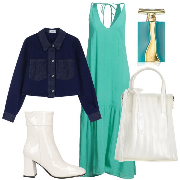 Outfit donna - Il vestito lungo verde. Stile Minimal per Serata fuori. Abbinamento con borse a mano, vestiti lunghi, stivaletti, profumi, blazer.