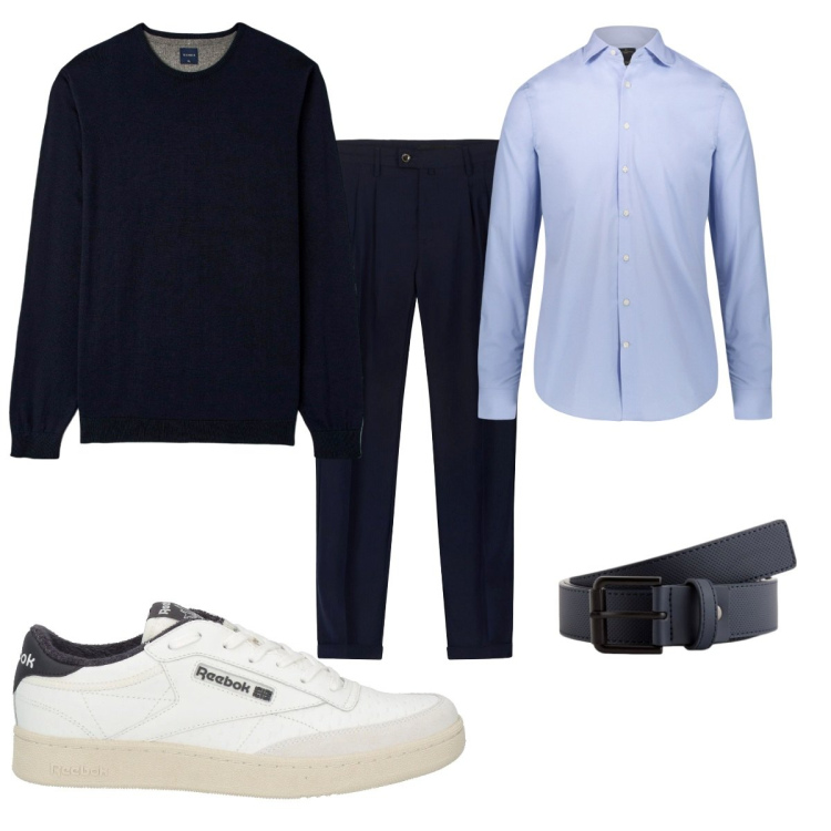 Outfit uomo - In ufficio. Stile Trendy per Ufficio. Abbinamento con sneakers, maglieria, camicie, cinture, pantaloni.