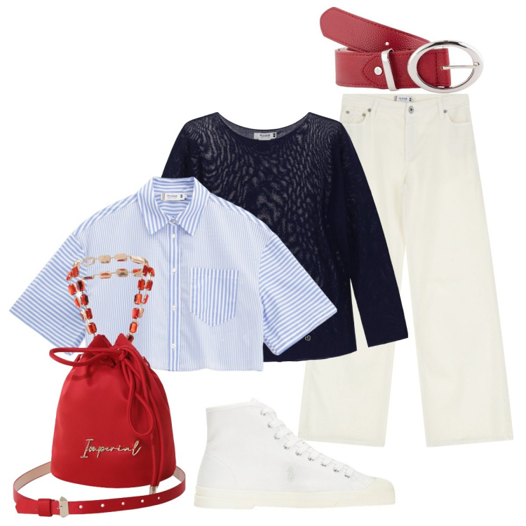 Outfit donna - Colori stile marinaio. Stile Minimal per Tutti i giorni. Abbinamento con camicie, pantaloni, pullovers, borse a secchiello, sneakers alte, cinture.