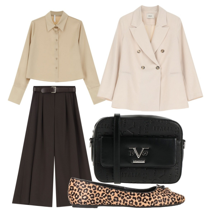 Outfit donna - Tempo Libero. Stile Minimal per Tutti i giorni. Abbinamento con borse a tracolla, ballerine, camicie, pantaloni a palazzo, blazer.