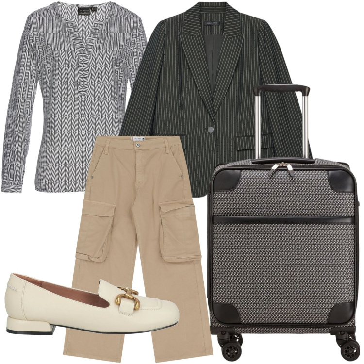 Outfit donna - Partenze a righe. Stile Glamour per Tutti i giorni. Abbinamento con tuniche, mocassini, pantaloni chino, blazer, valigie.