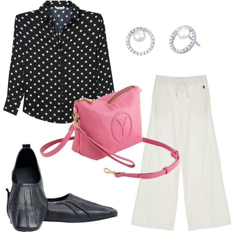 Outfit donna - Il ritorno dei pois. Stile Casual per Tutti i giorni. Abbinamento con camicie, orecchini, pantaloni a palazzo, ballerine, valigie.