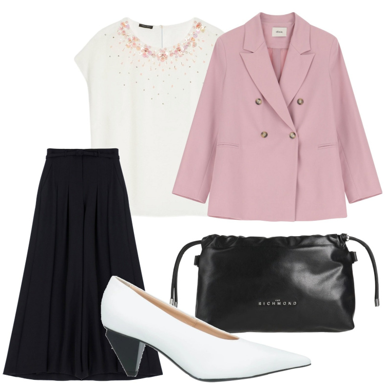 Outfit donna - Look elegante. Stile Chic per Serata fuori. Abbinamento con borse a mano, décolleté, pantaloni, blazer, bluse.