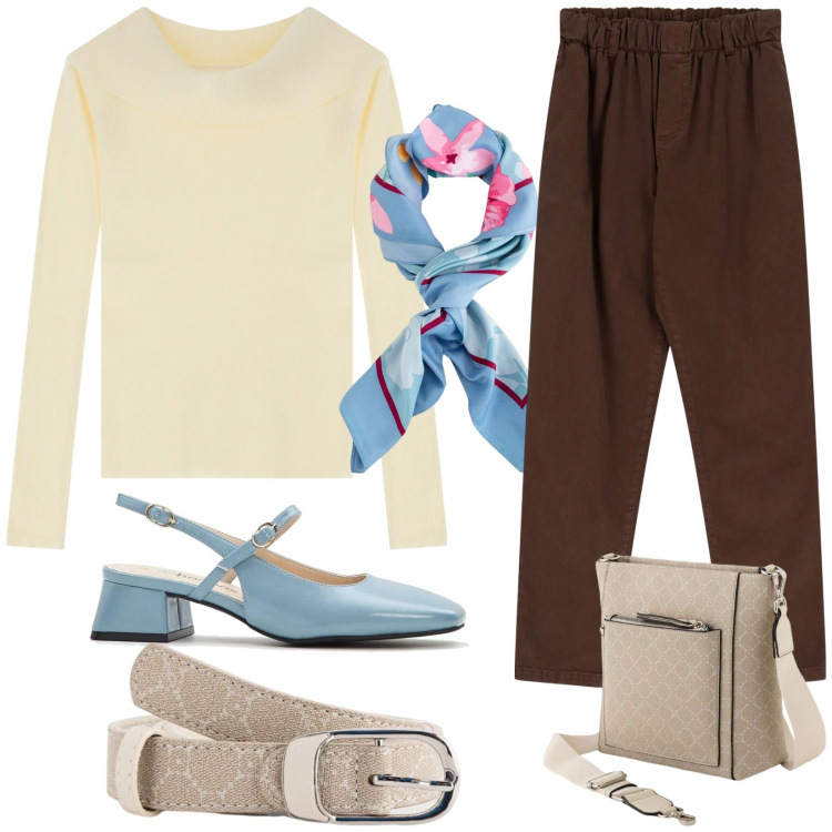 Outfit donna - Chanel azzurre. Stile Casual per Tutti i giorni. Abbinamento con décolleté, pullovers, pantaloni chino, foulard, borse a tracolla, cinture.
