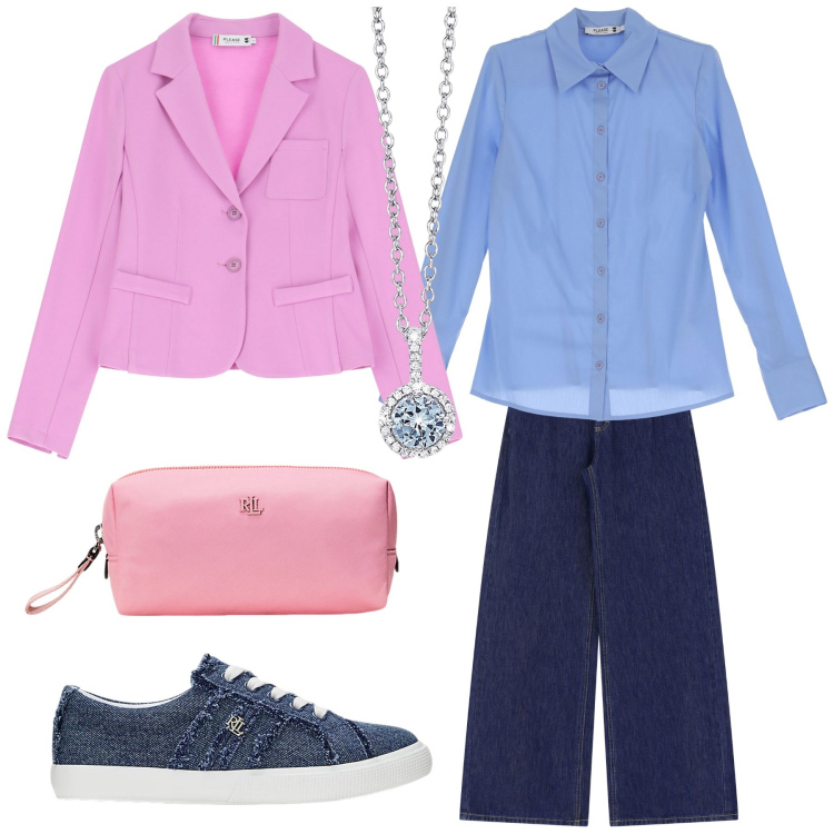 Outfit donna - Casual chic. Stile Casual chic per Tutti i giorni. Abbinamento con camicie, jeans, blazer, collane, sneakers, pochette.