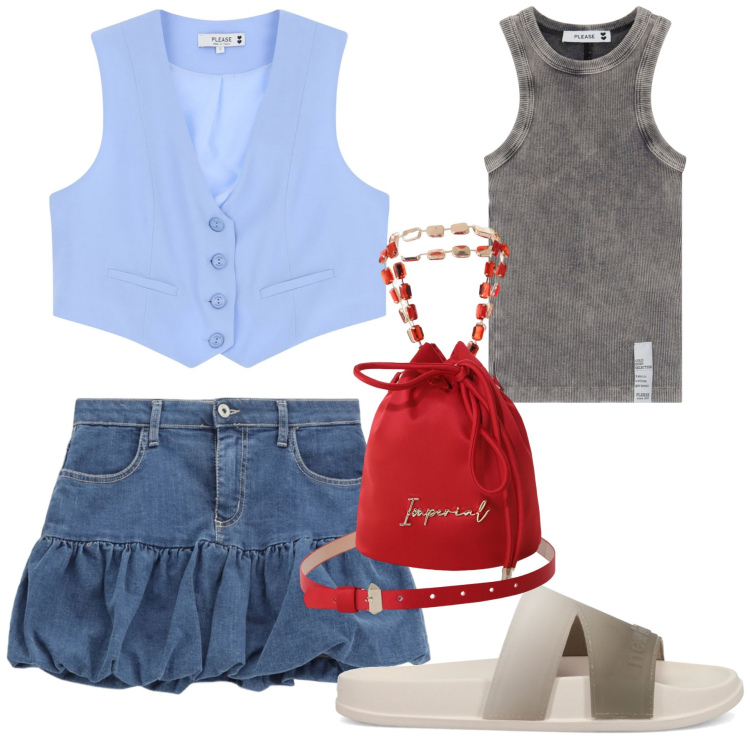 Outfit donna - Please Ispirazione Saint Tropez SS25. Stile Trendy per Mare. Abbinamento con ciabatte, gilet, minigonne, canottiere, borse a secchiello.