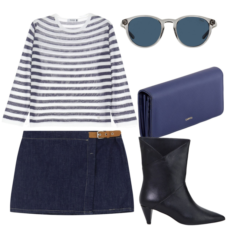 Outfit donna - Please _ Ispirazione Saint Tropez SS25. Stile Trendy per Mare. Abbinamento con minigonne, maglieria, stivaletti, occhiali da sole, portafogli.
