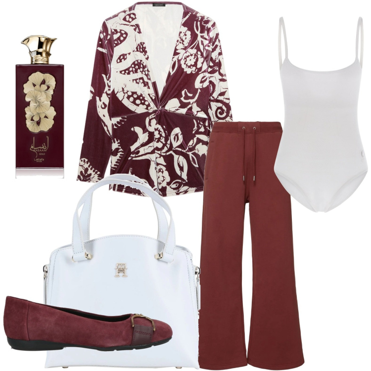 Outfit donna - T-shirt con stampa. Stile Etnico per Tutti i giorni. Abbinamento con borse a mano, ballerine, profumi, body, t-shirt, pantaloni.