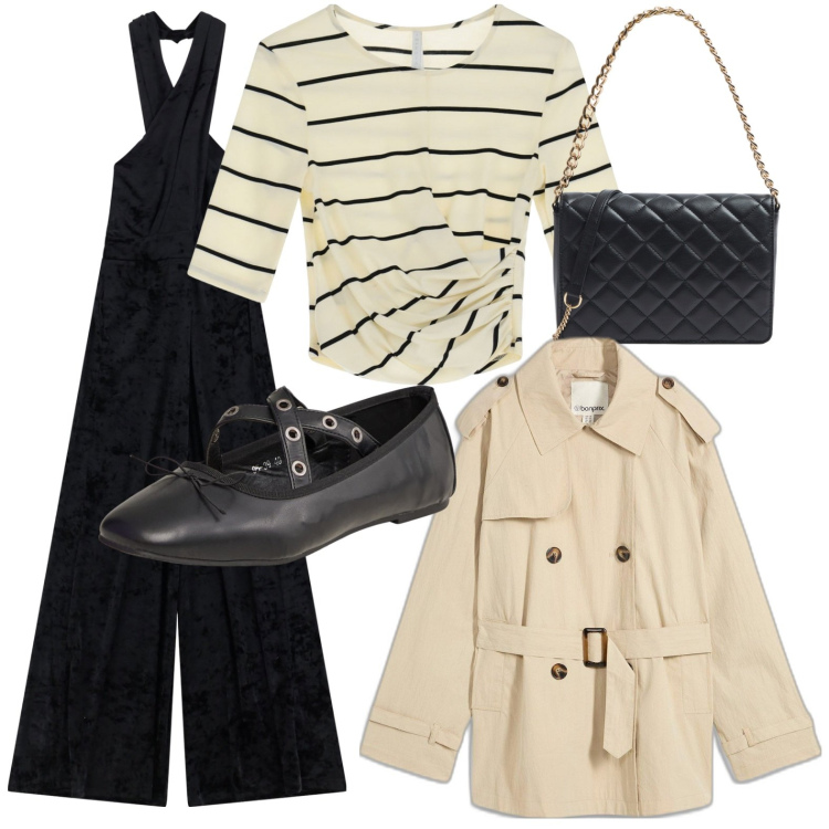 Outfit donna - Il trench primaverile. Stile Casual per Tutti i giorni. Abbinamento con trench, ballerine, borse a tracolla, t-shirt, tute.