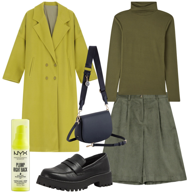 Outfit donna - Panta gonna. Stile Casual chic per Tutti i giorni. Abbinamento con primer, mocassini, maglieria, cappotti, bermuda, borse a tracolla.