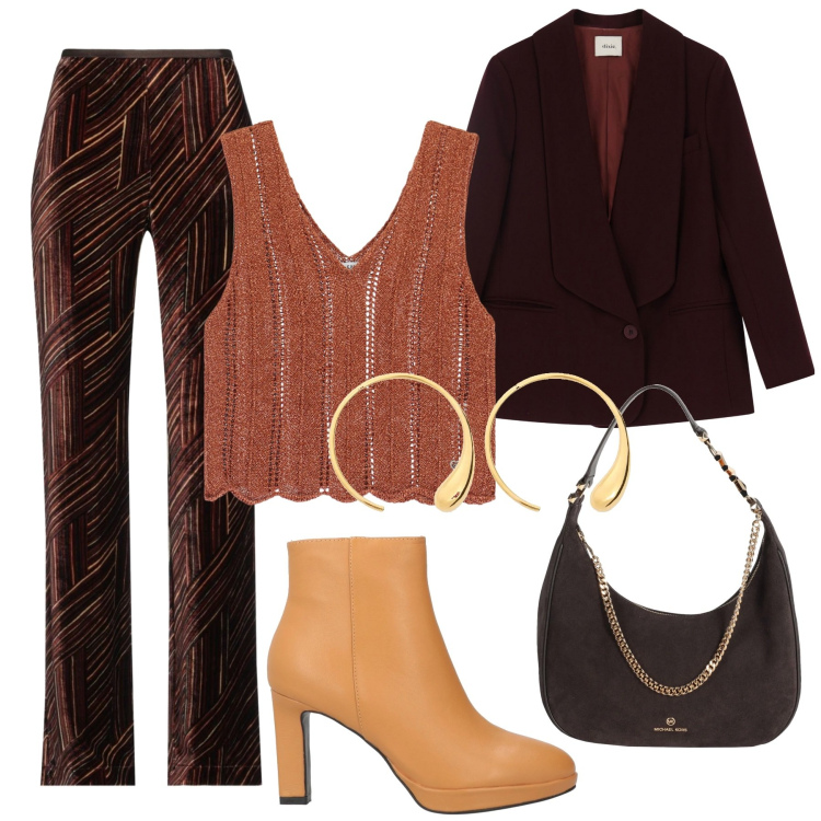 Outfit donna - \'70. Stile 70s per Ufficio. Abbinamento con pantaloni, stivaletti, borse a spalla, top, blazer, orecchini.