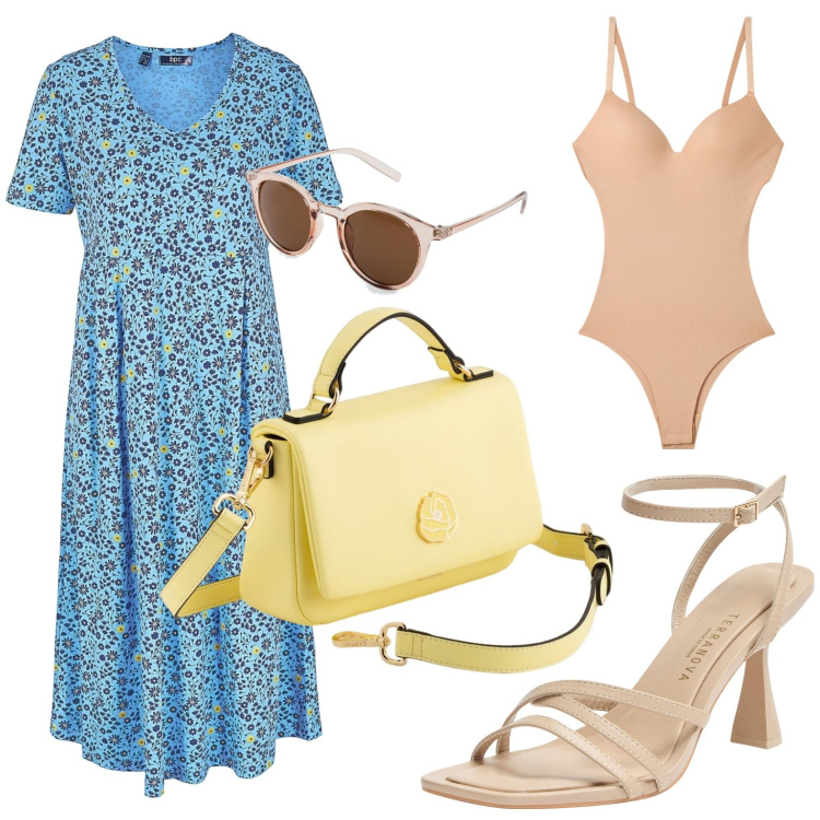 Outfit donna - Colori pastello. Stile Minimal per Serata fuori. Abbinamento con vestiti midi/longuette, occhiali da sole, body, sandali col tacco, borse a cartella.