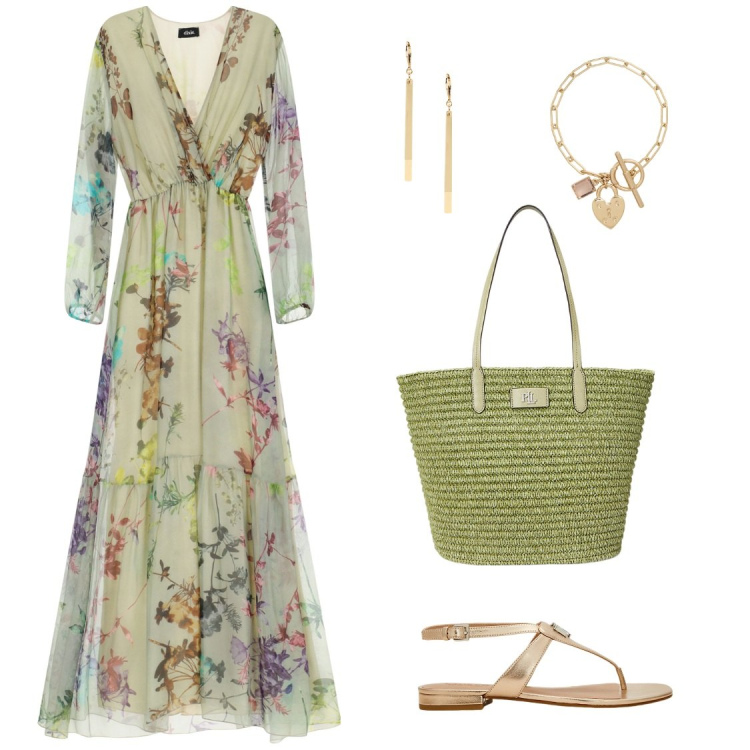 Outfit donna - Passeggiata serale. Stile Romantica per Tutti i giorni. Abbinamento con vestiti lunghi, sandali in pelle, orecchini, braccialetti, borse tote.