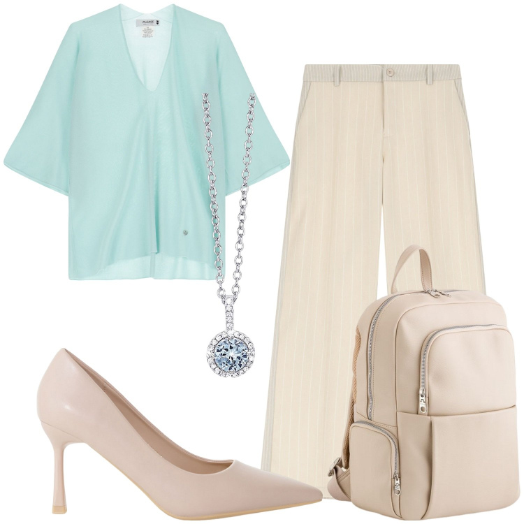 Outfit donna - Ispirazione. Stile Casual chic per Serata fuori. Abbinamento con collane, pantaloni, maglieria, décolleté, zaini.