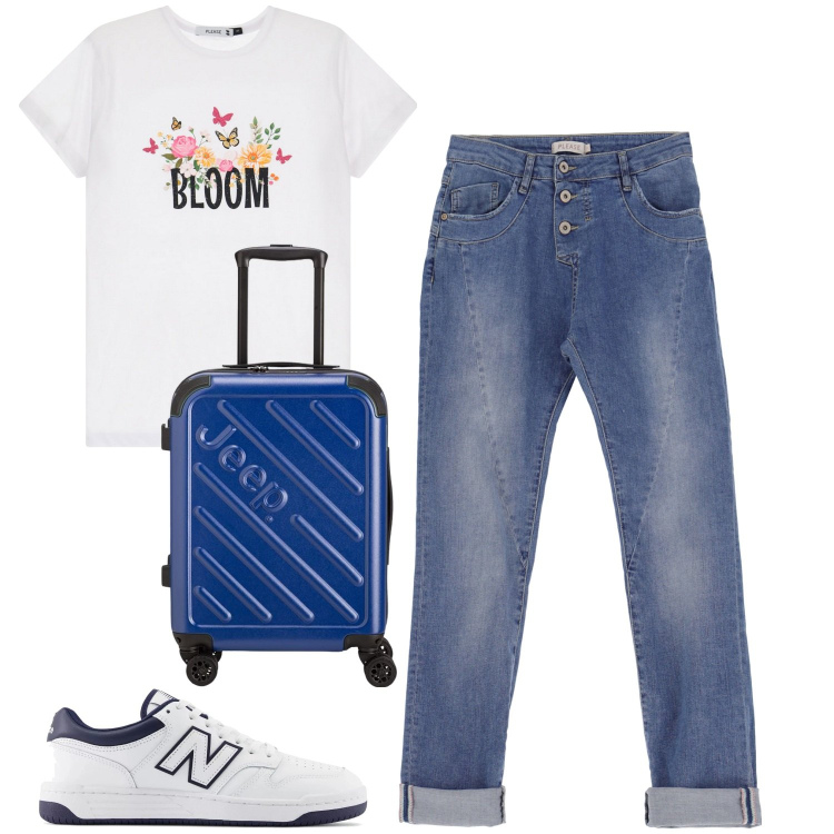 Outfit donna - Total look #2084190. Stile Casual per Tutti i giorni. Abbinamento con sneakers, jeans slim fit, t-shirt, valigie.
