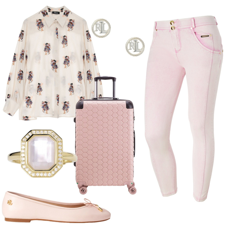 Outfit donna - Total look #2084192. Stile Bon Ton per Tutti i giorni. Abbinamento con anelli, jeans skinny, orecchini, ballerine, camicie, valigie.