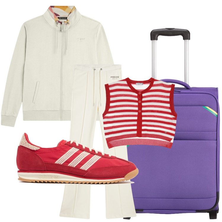 Outfit donna - Il top a righe. Stile Casual per Tutti i giorni. Abbinamento con gilet, felpe, pantaloni, valigie, sneakers.