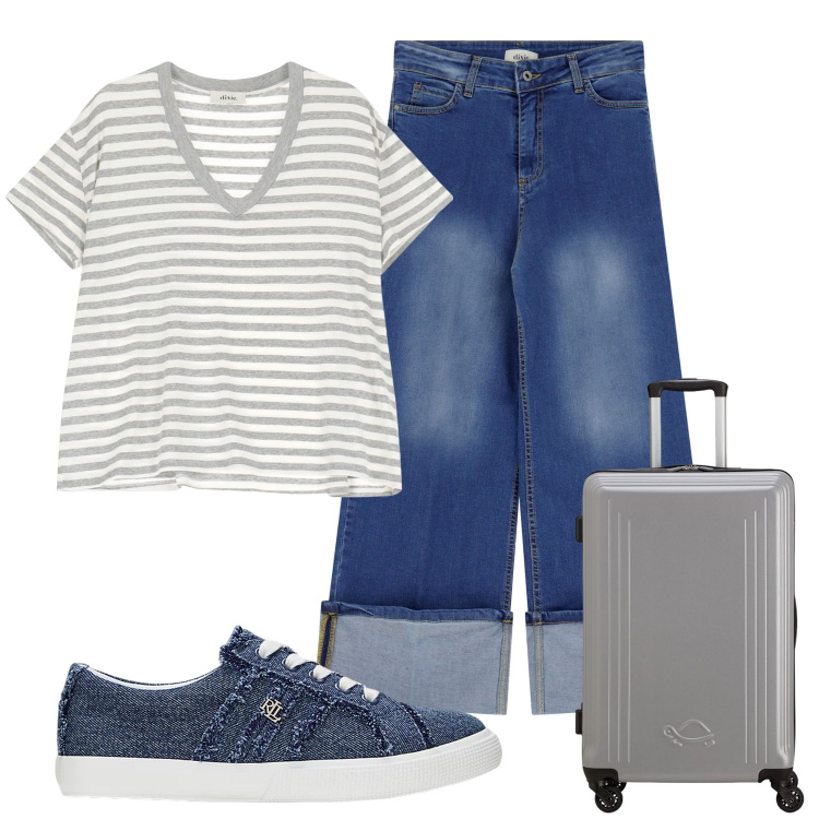 Outfit donna - Total look #2084194. Stile Casual per Tutti i giorni. Abbinamento con jeans dritti, t-shirt, sneakers, valigie.